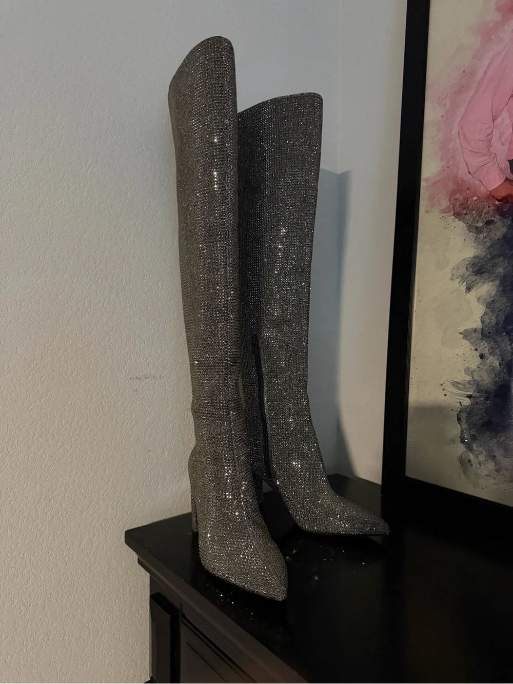 Gianni Bini Silver Crystal Over-the-Knee Block Heel Boots